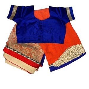 Women's ~L Orange/Pink & Blue Sari / Saree W/ Blouse